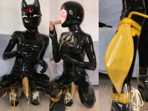 Latex kigurumi pisspants and dildo blowjob