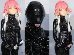 Changli latex kigurumi gagged & hooded masturbates to orgasm