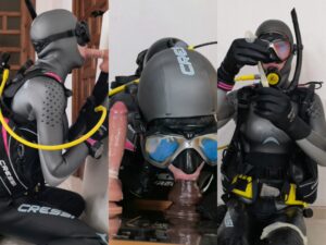 Scuba diver double dildo blowjob & covered in cum